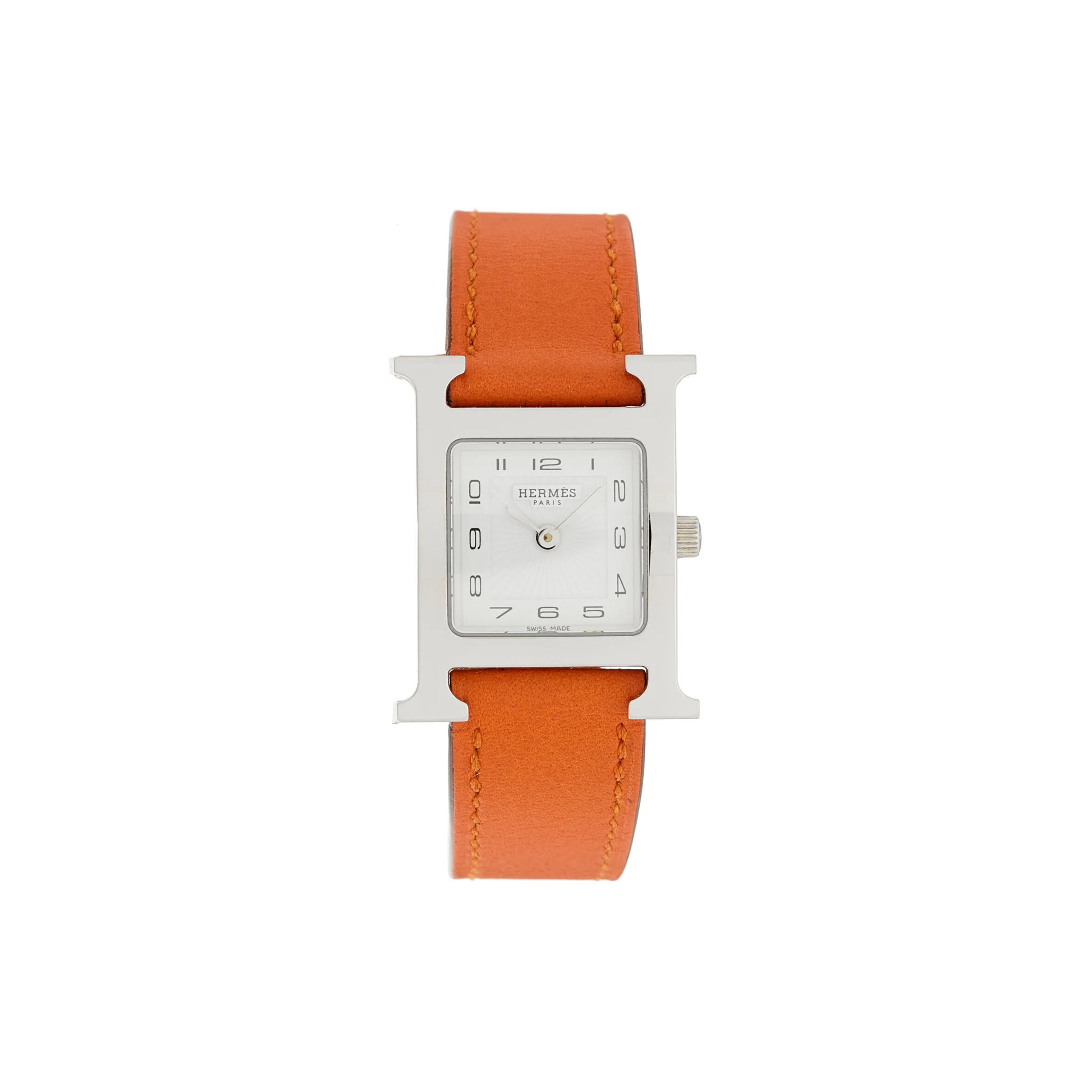 HERMES STAINLESS STEEL SWIFT 21MM HEURE H HOUR QUARTZ WATCH ORANGE 1671952